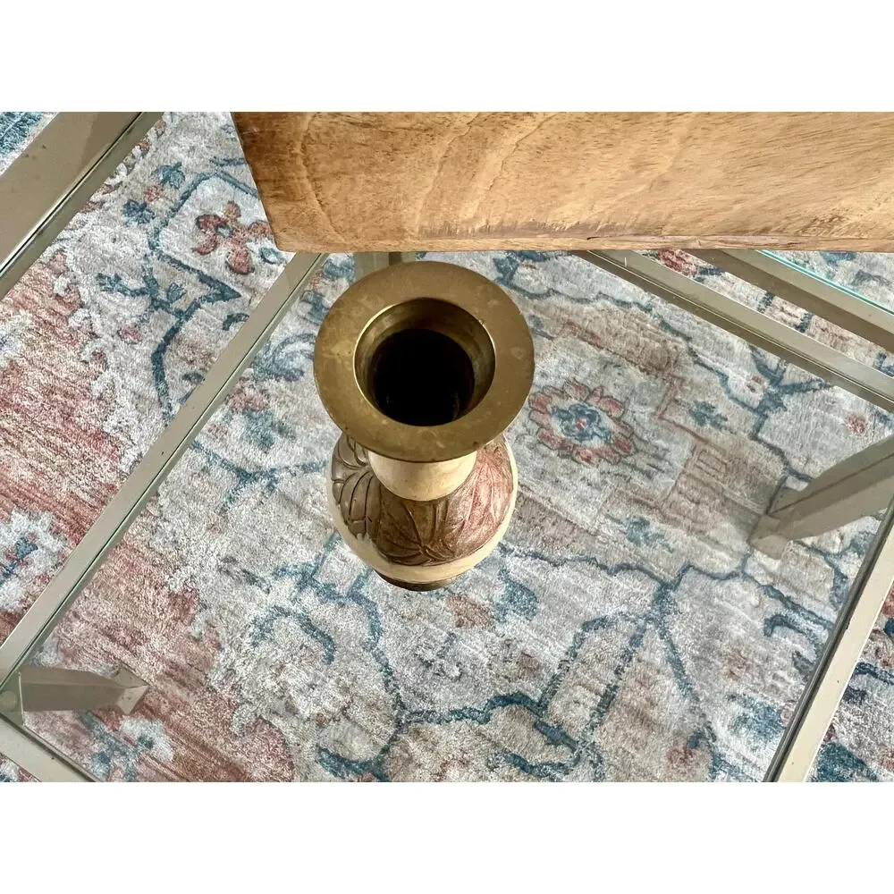 Vintage Designer Etched Floral Brass Vase, Beige Enamel, Bud Vase, Artwork - Picture 6 of 7